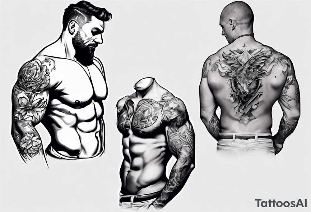 a chest tattoo starting at the left pec going onto the shoulder and bicep. tattoo idea