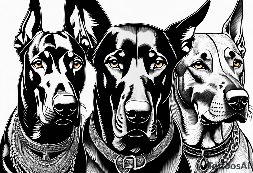 3 very angry Dobermans with fangs tattoo idea