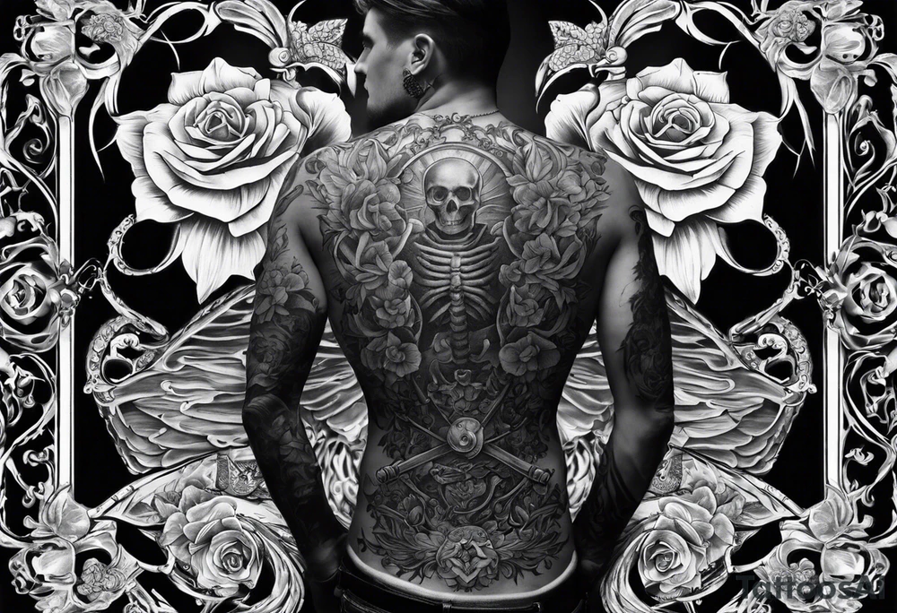 back tattoo with the word momento mori included plus two hands coming together. One skeleton the other real. would also like a sword/something similar going down my spine 

No roses or skulls tattoo idea