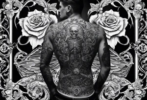 back tattoo with the word momento mori included plus two hands coming together. One skeleton the other real. would also like a sword/something similar going down my spine 

No roses or skulls tattoo idea