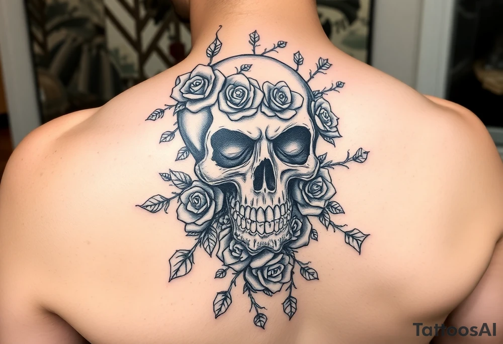 gothic skull intertwined with climbing roses and thorny vines tattoo idea