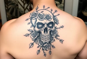 gothic skull intertwined with climbing roses and thorny vines tattoo idea