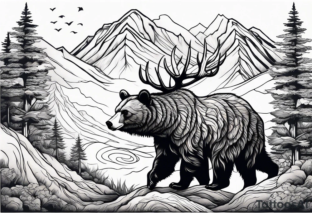 Bear in the mountains, hunting elk and deer tattoo idea