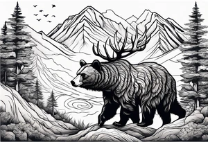 Bear in the mountains, hunting elk and deer tattoo idea