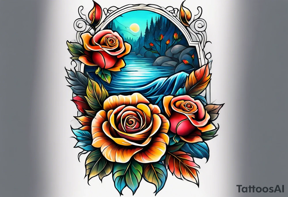 Front knee tattoo with fall colors, small flowers, rose, leaves, blue water flows with washes and background tattoo idea