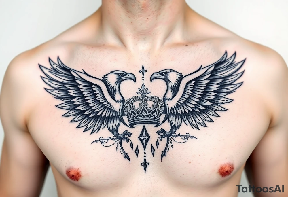 Chest tattoo,powerful two symetrical majestic eagles, surrounded by lure ornaments , between eagles a crown tattoo idea