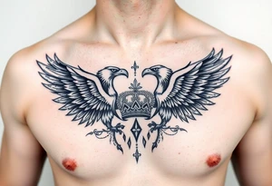 Chest tattoo,powerful two symetrical majestic eagles, surrounded by lure ornaments , between eagles a crown tattoo idea