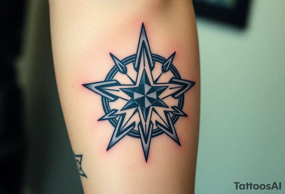 A ninja star infused with the northern star with a beam of light coming out of the star tattoo idea