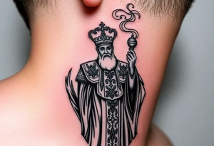 Russian Orthodox Priest in a fully detailed gold vestment swinging a censer with smoke curling upward tattoo idea