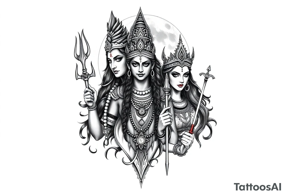 Lord Shiva, Godess Kali, Godess Lilith Together with the moon in the background tattoo idea