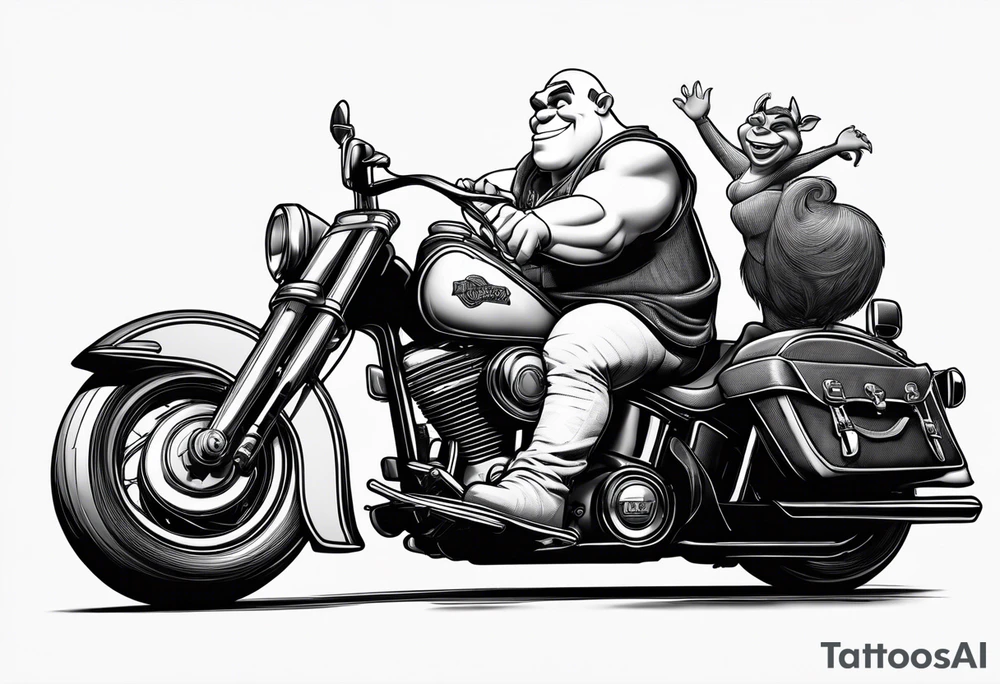 Shrek wearing leather riding a Harley Davidson tattoo idea