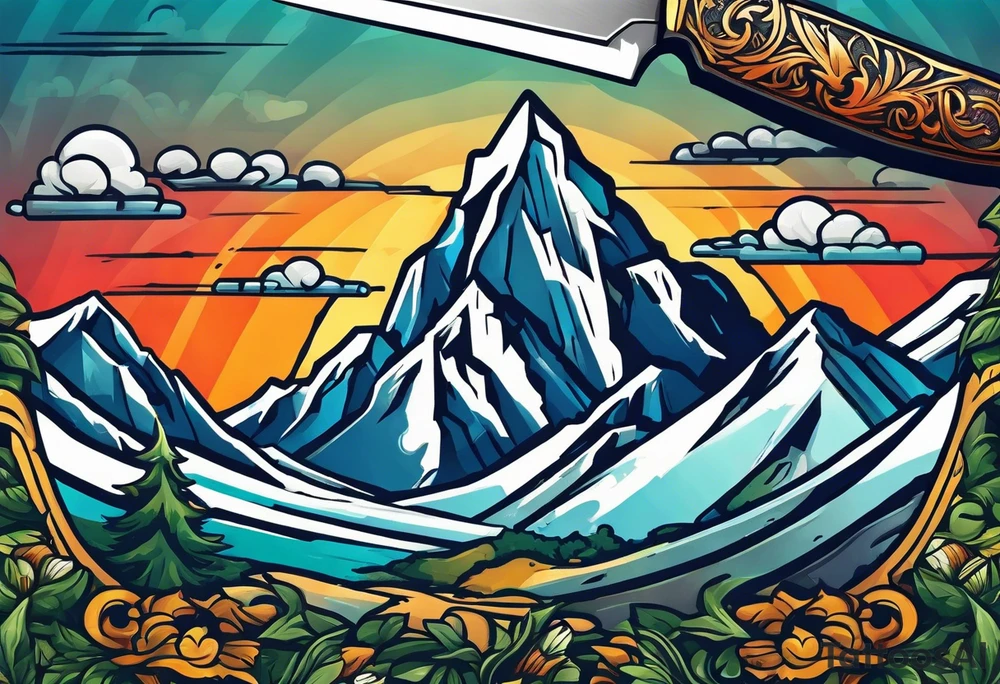 Chef knive with mountain range on the blade of the knife tattoo idea