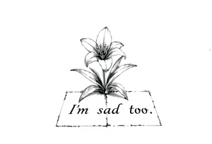 Lily growing out of tile floor with the words I’m sad too written small in the grout between two tiles tattoo idea