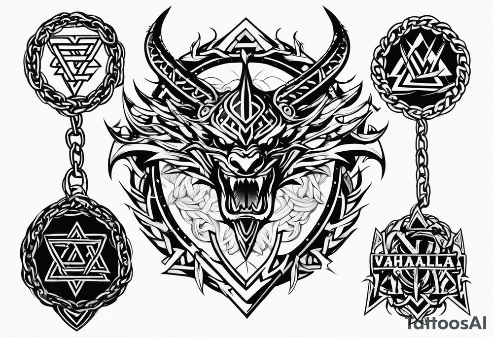 Valhalla sword shield dragon axe Valknut barbed wire chains tribal tattoo idea