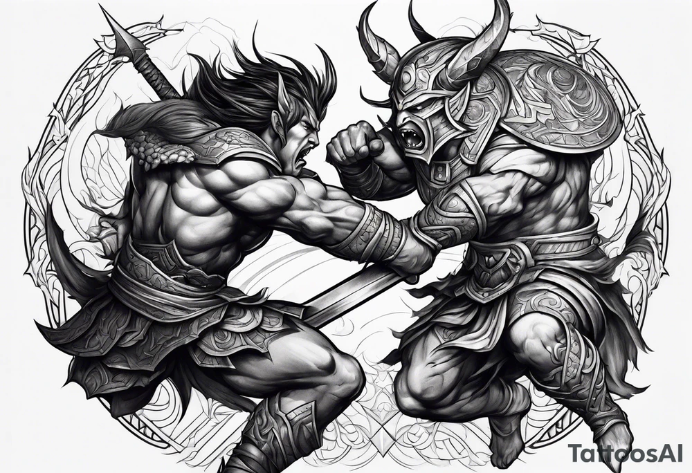 Warrior fighting demon tattoo idea