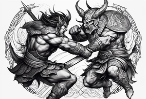 Warrior fighting demon tattoo idea