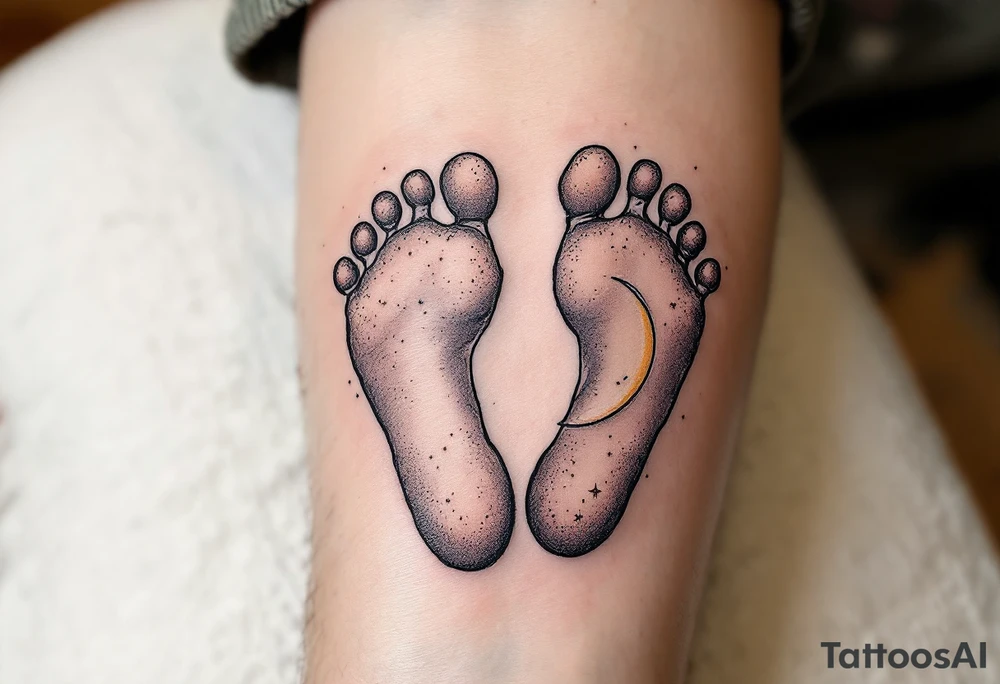Soft peach and white footprints of Laura, with a whimsical moon cradling the prints, as a reminder of her gentle dreams. tattoo idea