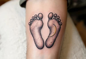 Soft peach and white footprints of Laura, with a whimsical moon cradling the prints, as a reminder of her gentle dreams. tattoo idea