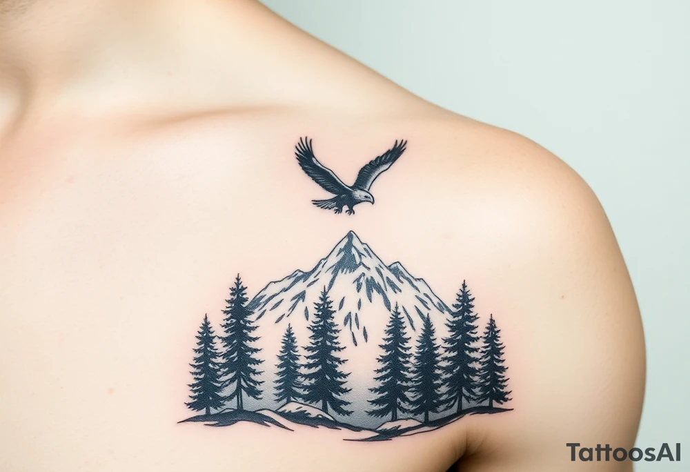 Mountain View with large trees and an eagle flying tattoo idea