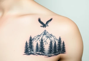 Mountain View with large trees and an eagle flying tattoo idea
