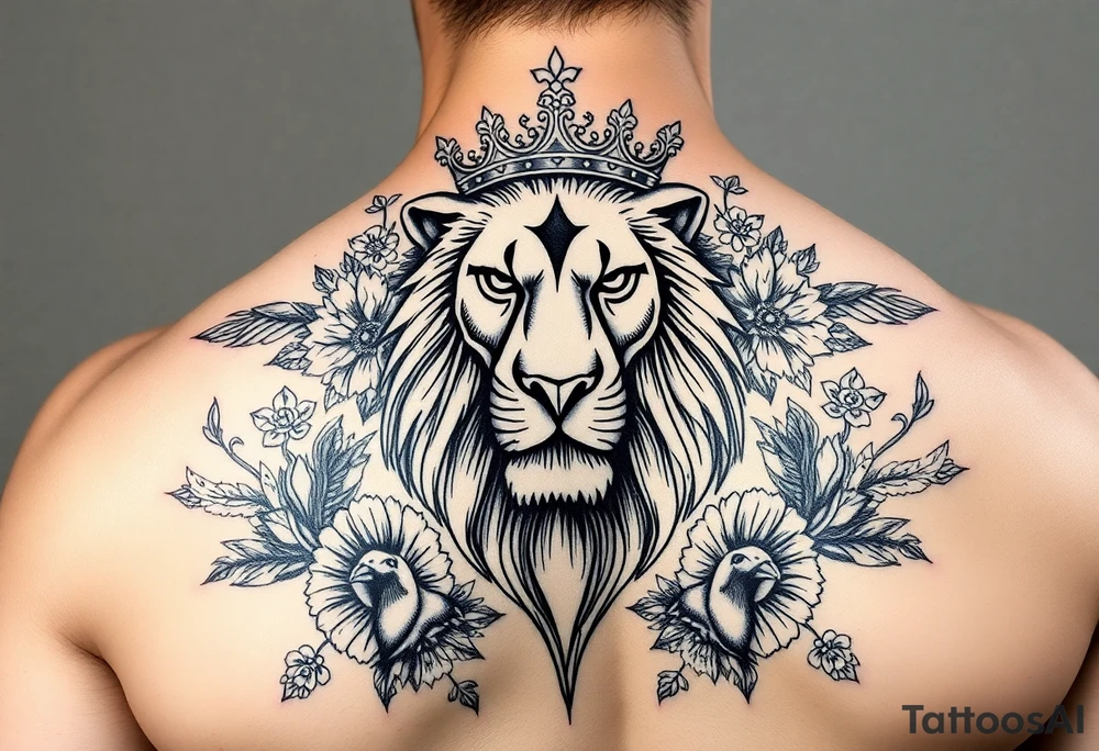 powerful majestic lion with a crown, surrounded by floral ornaments and birds tattoo idea