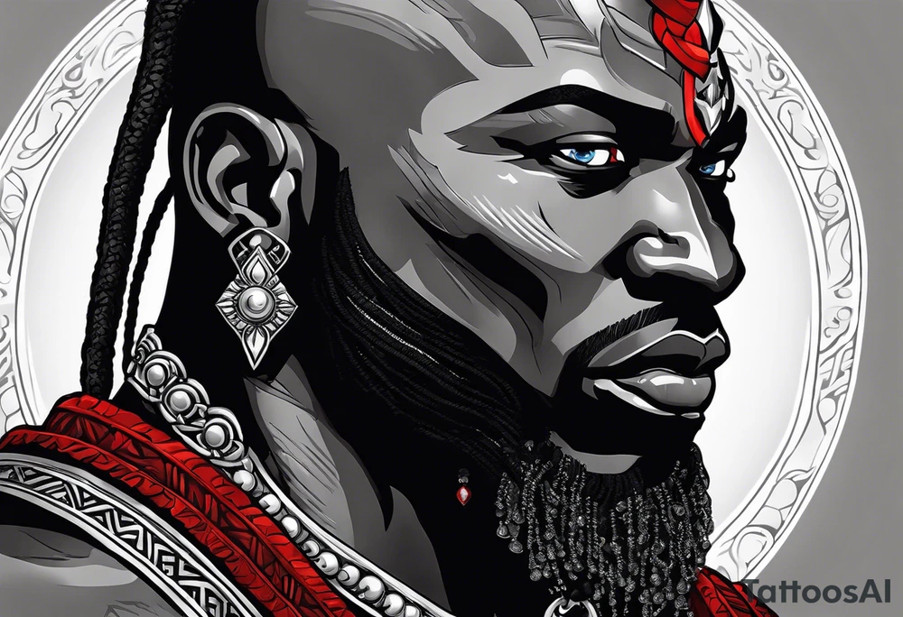 Black-skinned bald african god of war. He has a silver crown. He wears two simple necklaces: one blue, other red. Looking front tattoo idea