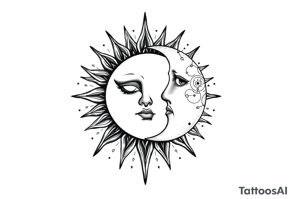 celestial sun and moon embrace with constellation patterns tattoo idea