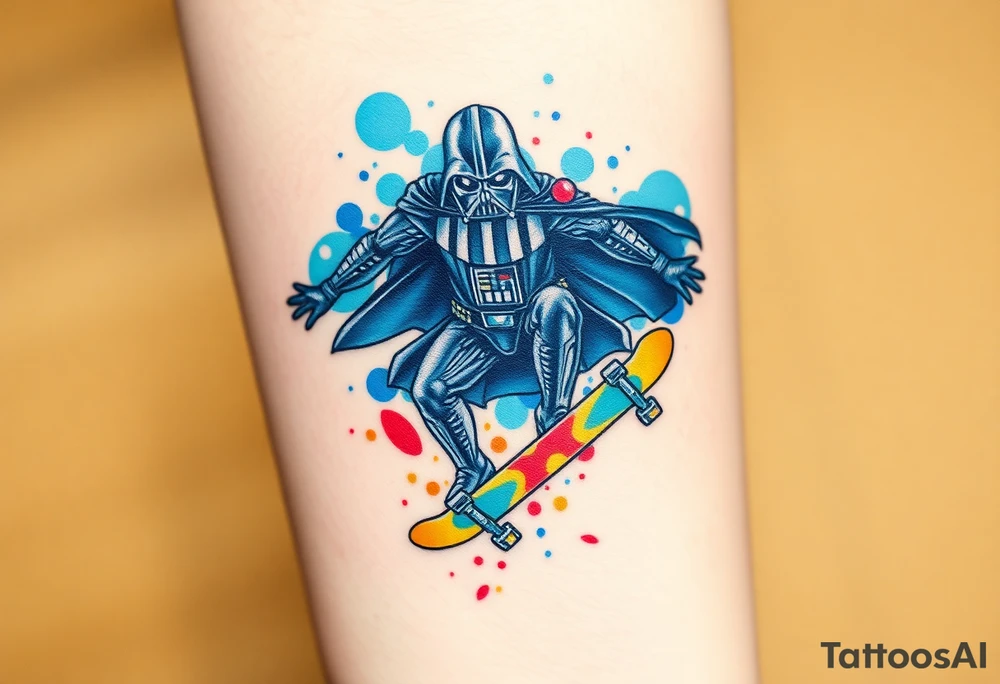 Darth Vader skateboarding >
blue. red. yellow.
skateboard words "Darth Carter"
add date 12/29/88-01/06/24 tattoo idea