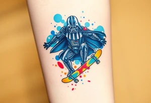 Darth Vader skateboarding >
blue. red. yellow.
skateboard words "Darth Carter"
add date 12/29/88-01/06/24 tattoo idea