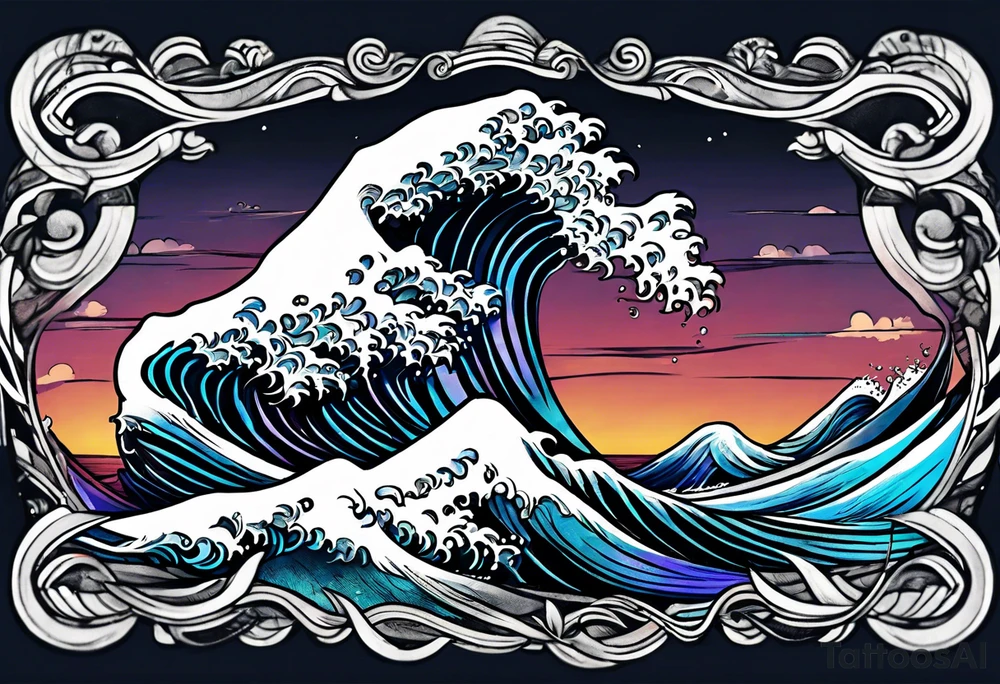 waves;  
"come what may" written underneath; outside forearm not an oval tattoo idea
