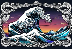 waves;  
"come what may" written underneath; outside forearm not an oval tattoo idea
