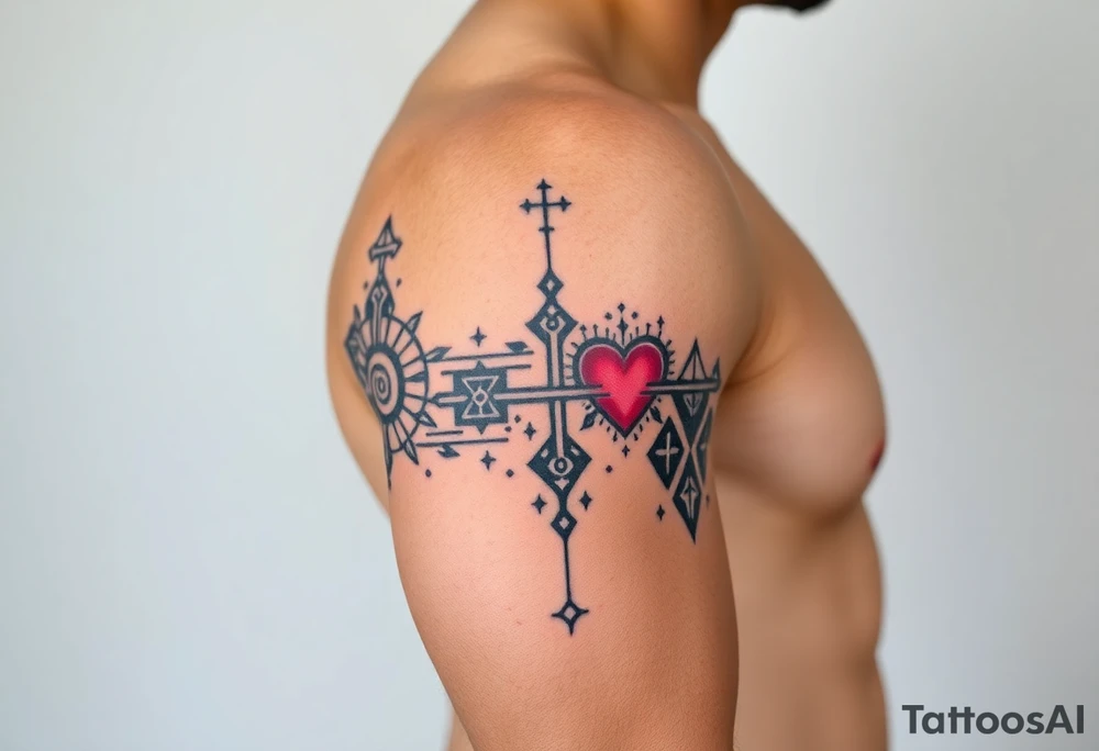 Cover right arm from shoulder to elbow, front and back.
Style is geométricas and tribal. Include healthy and wellness symbols, making a connection between the symbols. Include hearts and names of son and daughter small hidden in the symbols: Isabela, Gabriel, Laura.
Include cross
Draw should cover entire area. Full sleeve style tattoo idea