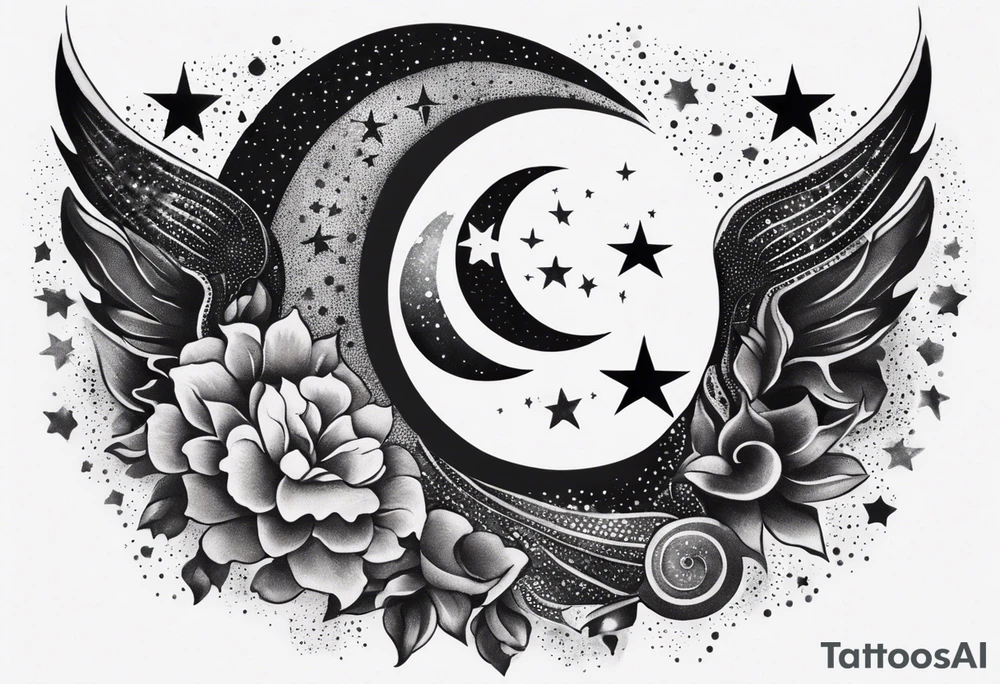 Collage for full left arm sleeve with:
a sun with a quarter moon, 
2 stars,
bass guitar, 
caduceus symbol tattoo idea