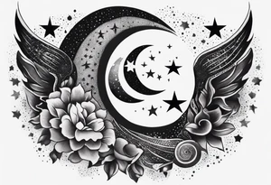 Collage for full left arm sleeve with:
a sun with a quarter moon, 
2 stars,
bass guitar, 
caduceus symbol tattoo idea