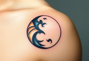 A yin-yang symbol, with one half glowing white with soft golden accents (good) and the other dark with deep blue and black elements (evil), symbolizing balance and duality tattoo idea