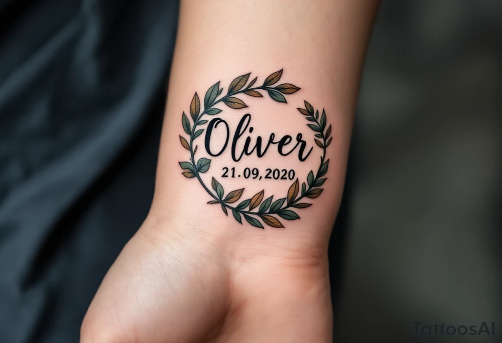 Oliver 21. 09. 2020) – Muted green and earthy brown leaves surrounding Oliver's birthdate, in a rustic font. tattoo idea