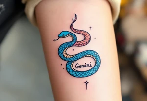 A minimalist twin snake design, one outlined in black and the other in electric blue, intertwined in a spiral and With word "Gemini" tattoo idea