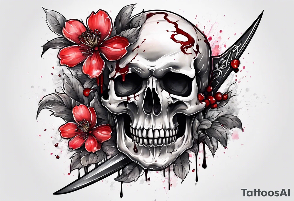Bloody sword in a skull with cherry blossomdripping tattoo idea