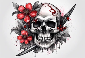Bloody sword in a skull with cherry blossomdripping tattoo idea