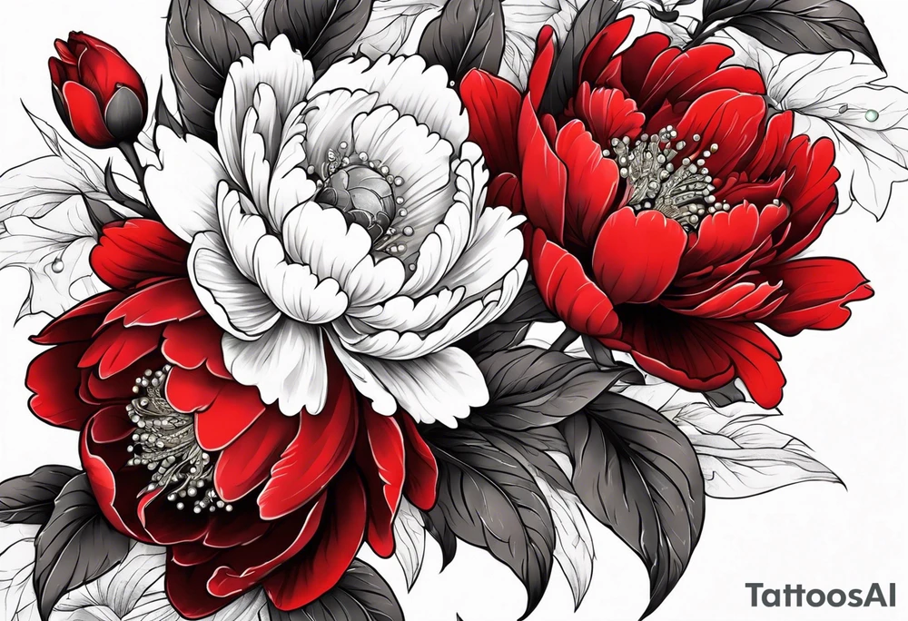 Red peony with dangling pearls with rabbit on top tattoo idea