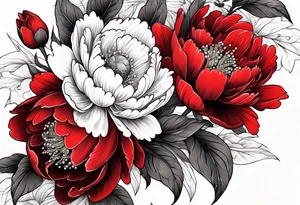Red peony with dangling pearls with rabbit on top tattoo idea