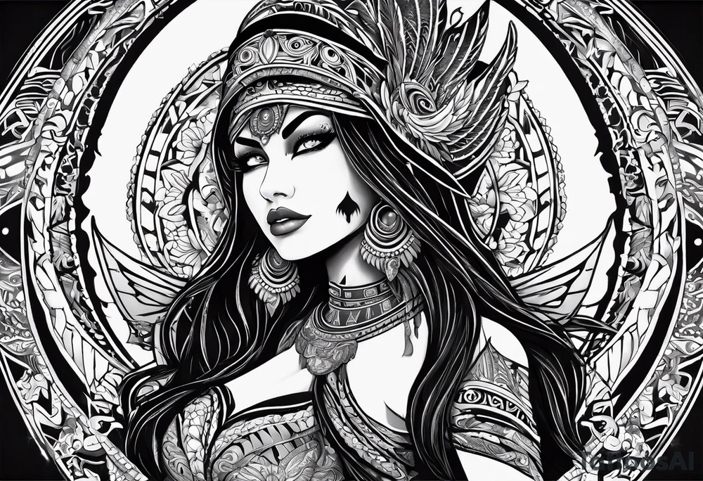 black kali, goddess pirate, alien, pachamama, valkrye, warrior, skull, lotus azul, wing, eagle, zenza resonance, stars, 5D tattoo idea
