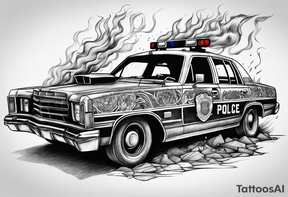 destroyed police car on fire tattoo idea