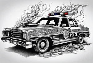 destroyed police car on fire tattoo idea