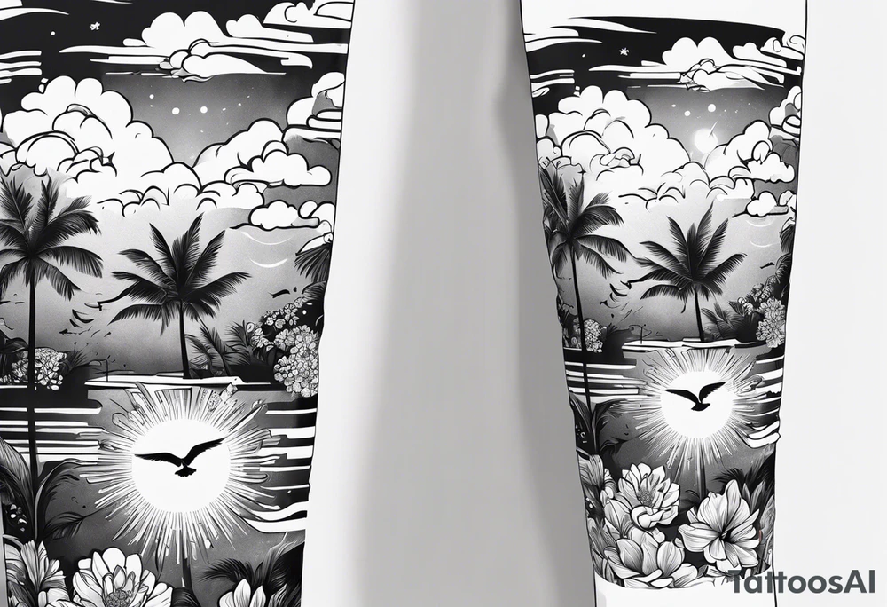 arm sleeve, clouds, dove, sun, flowers, palm trees, tattoo idea