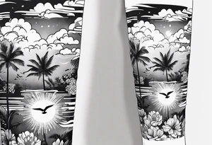 arm sleeve, clouds, dove, sun, flowers, palm trees, tattoo idea