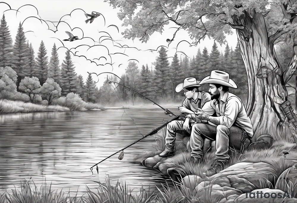Father, young son and young daughter fishing from the bank. They are wearing cowboy hats. Trees are surrounding them with wildlife tattoo idea