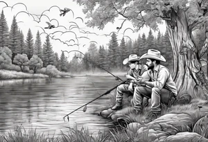 Father, young son and young daughter fishing from the bank. They are wearing cowboy hats. Trees are surrounding them with wildlife tattoo idea