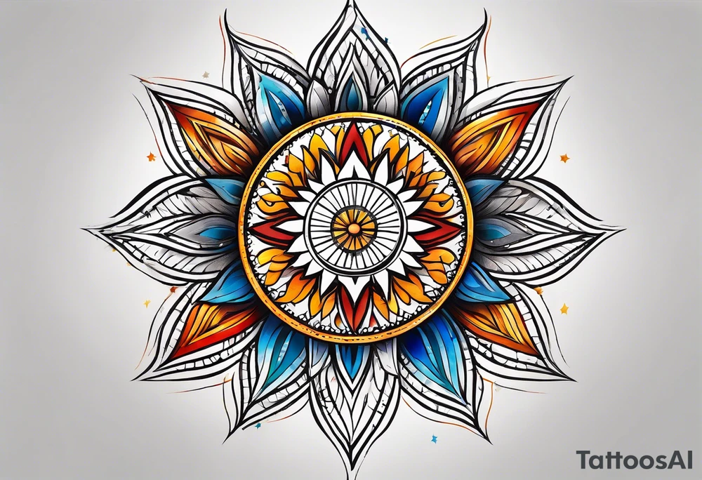 sunburst with yellow, orange, red, and blue colors tattoo idea