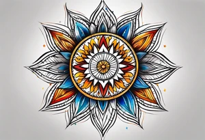sunburst with yellow, orange, red, and blue colors tattoo idea